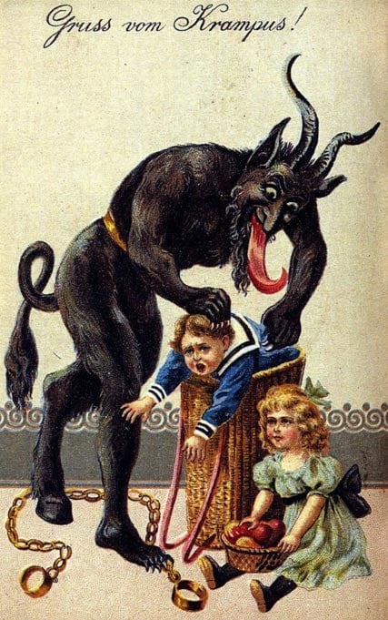 A 1900s greeting card reading 'Greetings from the Krampus!' 