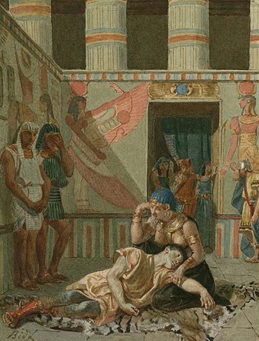 A late 19th century painting of Act IV, Scene 15 of Shakespeare's Antony and Cleopatra: Cleopatra holds Antony as he dies. By Alexandre Bidas.