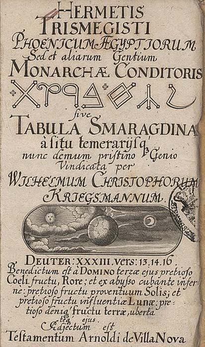 Una edición del siglo XVII de las Comprimidos de Esmeralda, creada en la leyenda por Hermes Trismegistus, una combinación del dios griego Hermes y el dios egipcio Thoth.