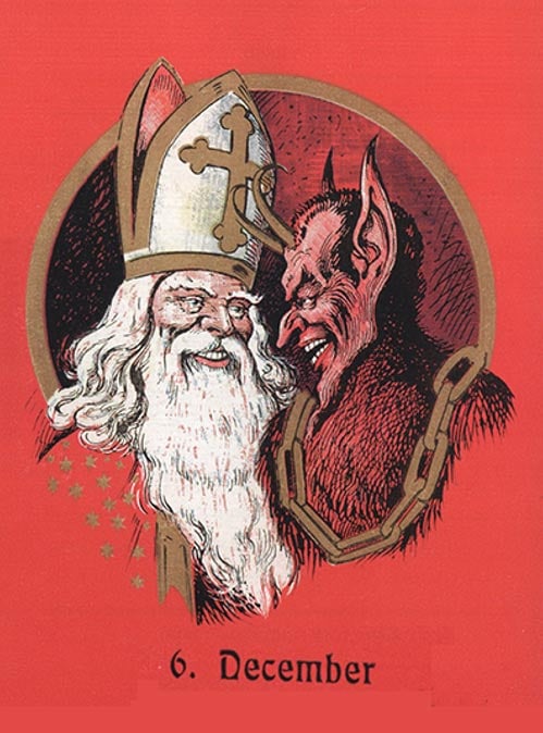 A greeting card depicting Saint Nikolaus and Krampus in Austria.
