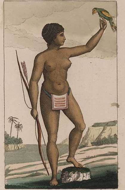 Arawak woman by John Gabriel Stedman, wearing a loin cloth of woven beads. (1818) 