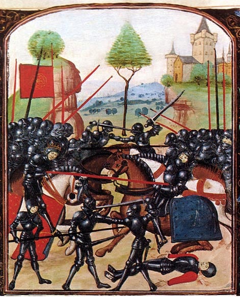 War of the Roses. Illustration of the Battle of Barnet (14 April 1471) on the Ghent manuscript, a late 15th-century document