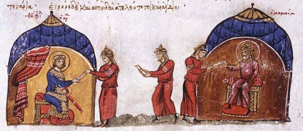Kalifen al-Mamun sender en utsending til keiser av Østromerriket Theophilos