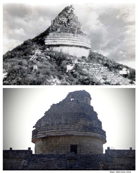 [Top] El Caracol as it appeared just before major excavation was started (MALER, 1892), and [Bottom] El Caracol as it is today (Kelly Lenfest, 2016/CC BY-NC-SA 2.0)