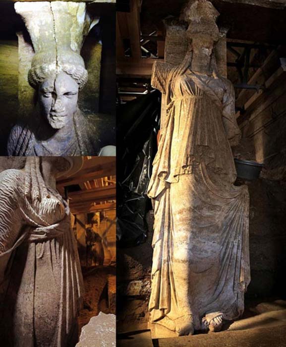 Caryatid sculptures found within Amphipolis tomb in Greece.