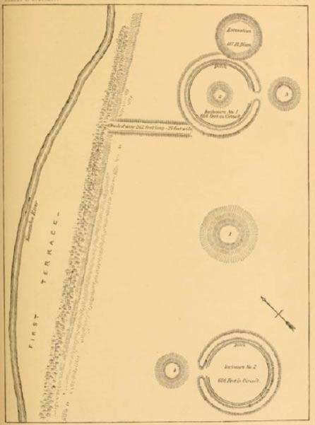 Charleston, W.V. earthworks. 5th Annual Report of the Bureau of Ethnology. Courtesy of Archive.org. Enclosure #1 is the large ring in the top half of the map, while Enclosure #2 is the large ring in the bottom half.