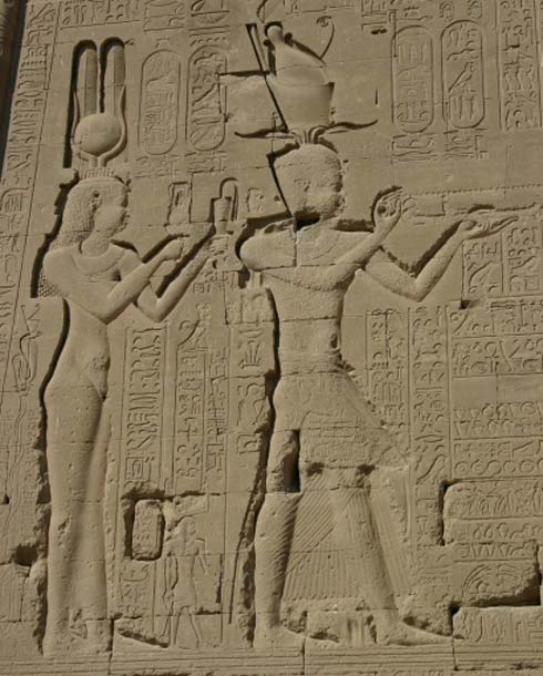 A relief of Cleopatra VII and Caesarion at the temple of Dendera, Egypt.
