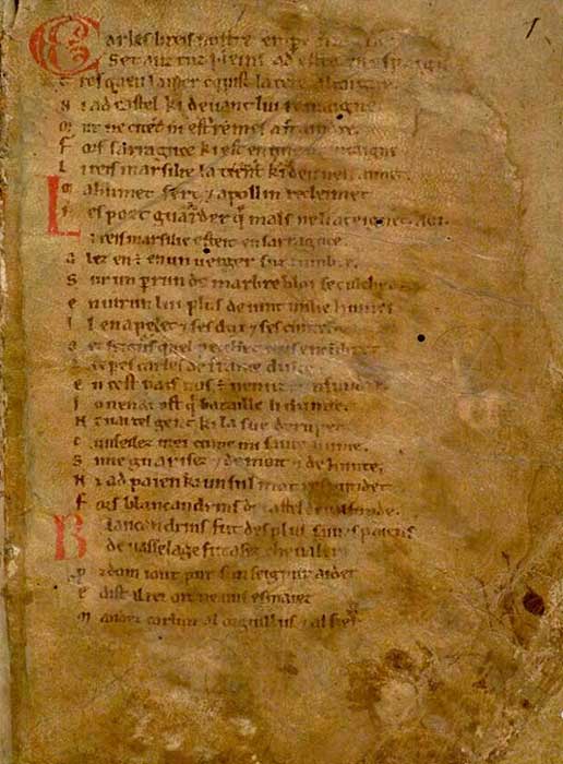 Composed in 1098, the first page of the Chanson de Roland (Song of Roland).