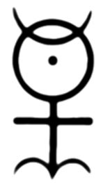 Dee's glyph, whose meaning he explained in Monas Hieroglyphica as representing (from top to bottom): the moon; the sun; the elements; and fire. 
