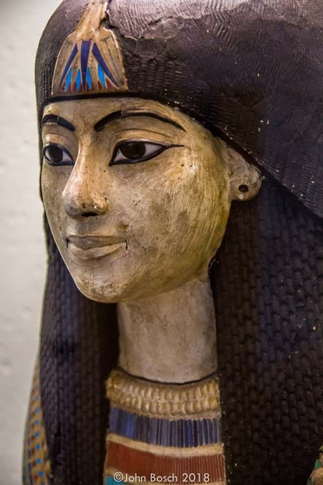 Detail of an exquisitely crafted                  New Kingdom death mask of an unknown man. Plastered and                  painted wood, fabrics and glass paste. Late 18th                  Dynasty. Musée du Cinquantenaire – Jubelpark, Brussels,                  Belgium.