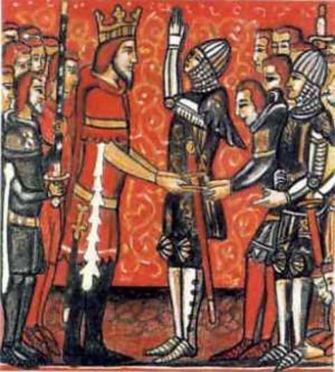 Roland (right) receives Durendal from Charlemagne. 