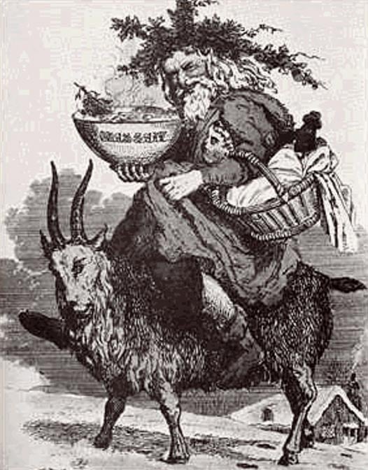 Folk tale depiction of Father Christmas riding on a goat.
