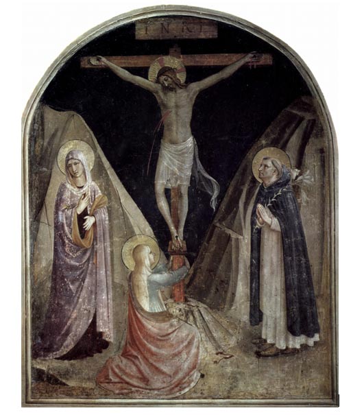 In Fra Angelico's painting, Mary the Mother of Jesus and Mary Magdalene are the foot of the cross, per the New Testament. (Wikimedia Commons)