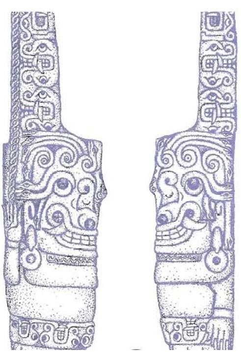 The “Gorgon” sculpture in the Chavin de Huantar, as depicted on page 67 of Dr. Enrico Mattievich’s book, “Journey to the Mythological Inferno, America’s Discovery by the Ancient Greek.”