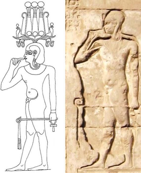 A drawing (Public Domain) and relief (Olaf Tausch/CC BY 3.0) of Heka-pa-chered (Heka the child).