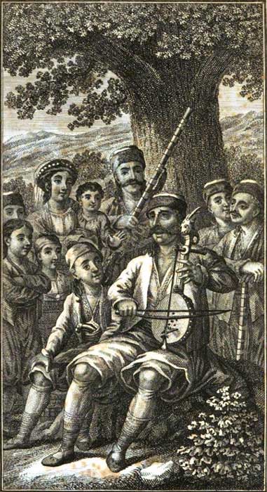 A Herzegovinian sings with a gusle in an 1823 drawing.