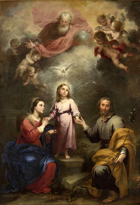 The Holy Spirit depicted as a dove descending on the Holy Family, with God the Father and angels shown atop, by Murillo, (c. 1677).