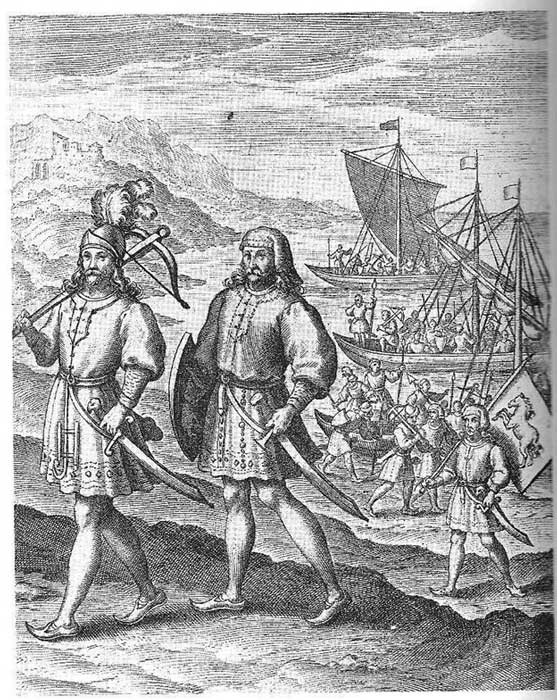 Illustration of Horsa and Hengest, said to be the descendants of Woden/Odin.
