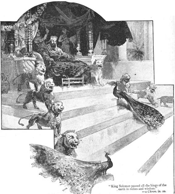 Ilustración que representa a rey Solomon en su trono extravagante.