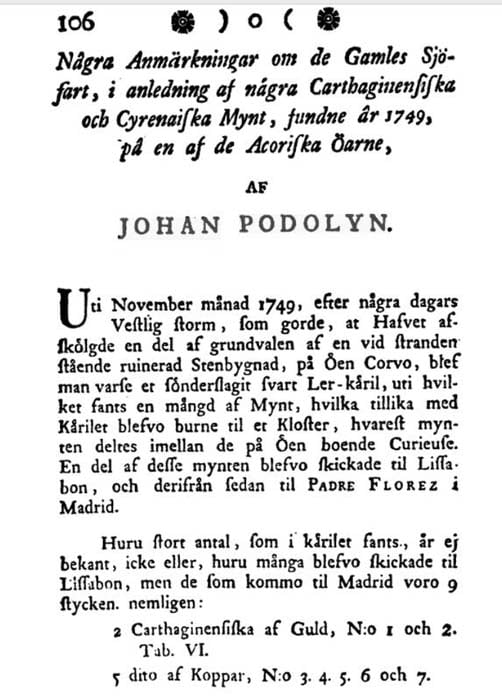 An excerpt from Johan Frans Podolyn’s 1778 article in the Publications of the Royal Society of Sciences and Letters in Gothenburg.