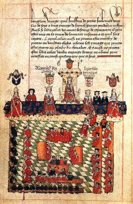 16th-century illustration of King Edward I presiding over Parliament. The scene depicts Alexander III of Scotland and Llywelyn ap Gruffudd of Wales beside Edward; an episode that never actually occurred.