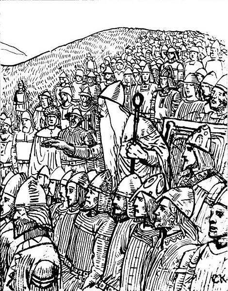 Þorgnýr the Lawspeaker showing the power of his office to the King of Sweden at Gamla Uppsala, 1018.