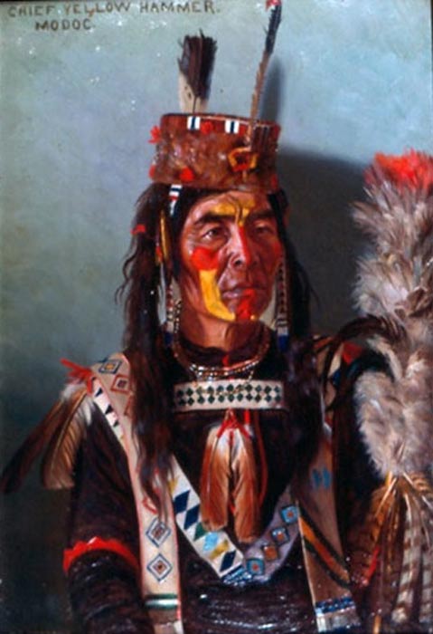 The Modoc are a Native American people who originally lived in the Mount Shasta area (northeastern California and central Southern Oregon, USA). Chief Yellow Hammer painted in traditional clothing by E.A Burbank, 1901.