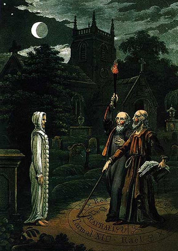 Necromancy: The art of conjuring the dead and communicating with them, image of John Dee and Edward Kelley. From Astrology (1806) by Ebenezer Sibly. 