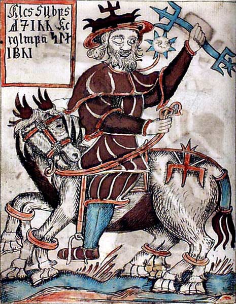 An illustration of Odin riding Sleipnir, the eight-legged horse from an 18th-century Icelandic manuscript.