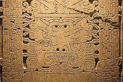 A detail of the Raimondi Stele, from the Chavín culture in Peru. 