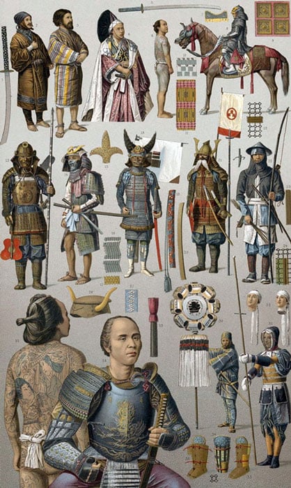 Samurai warriors with various types of armor and weapons, 1880s