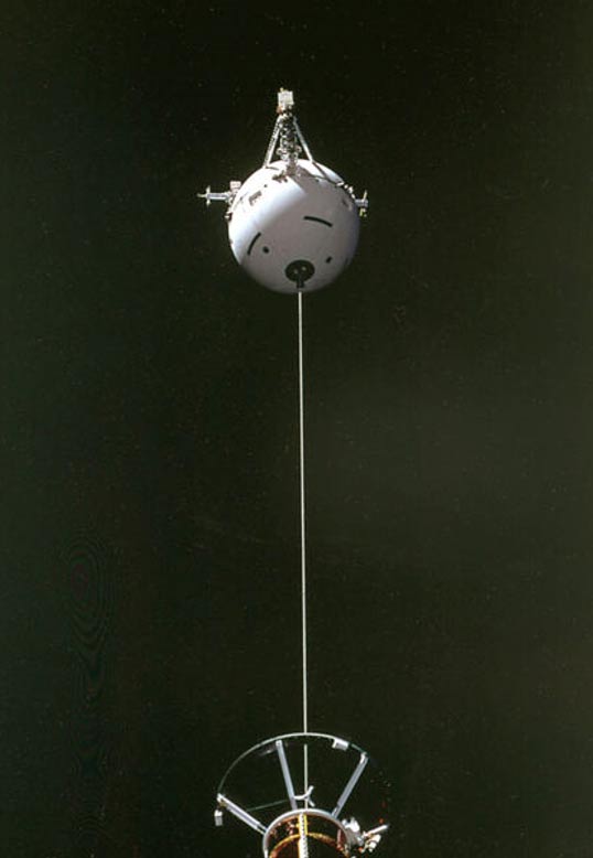 STS-46 TSS-1 deployment. Satellite and tether. These free-flying satellites are used as observation platforms outside of the Orbiter.