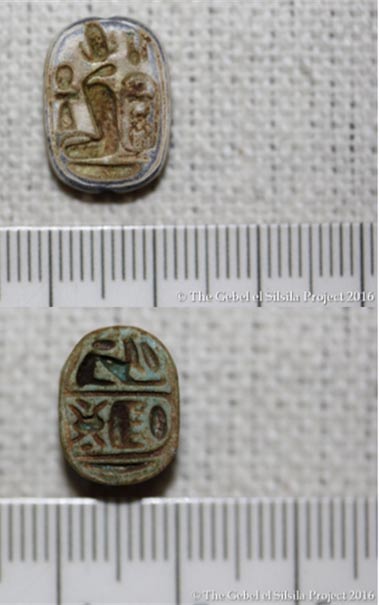 Seal: cartouche of Thutmosis III (Men-Kheper-Re) and scarab with the cartouche of Thutmosis III.