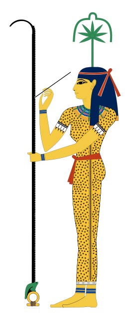 Seshat, the ancient Egyptian goddess of record-keeping and measurement. On her head is a cannabis leaf and flower.