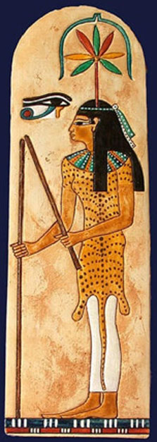 Seshat, the ancient Egyptian goddess of record-keeping and measurement with a colorful cannabis leaf over her head. 