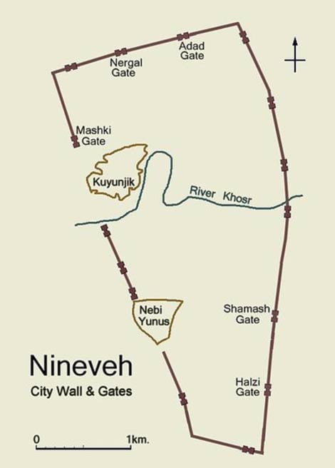 Simplified plan of ancient Nineveh showing city wall and location of gateways. 