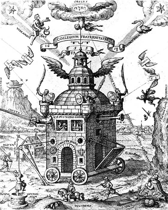 Illustration from the ‘Speculum Sophicum Rhodostauroticum’ depicting the Invisible College. In the top left corner shines the new star of 1604 and the representation of the constellation Ophiuchus, the serpent-bearer. 