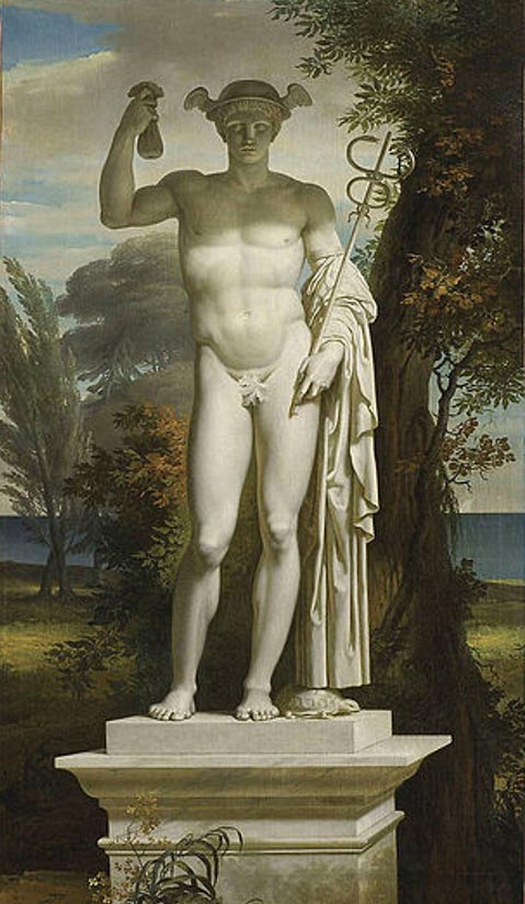 Statue of Mercury by Charles Meynier. Mercury is depicted wearing a winged cap and is carrying the caduceus in one hand and a purse in the other.