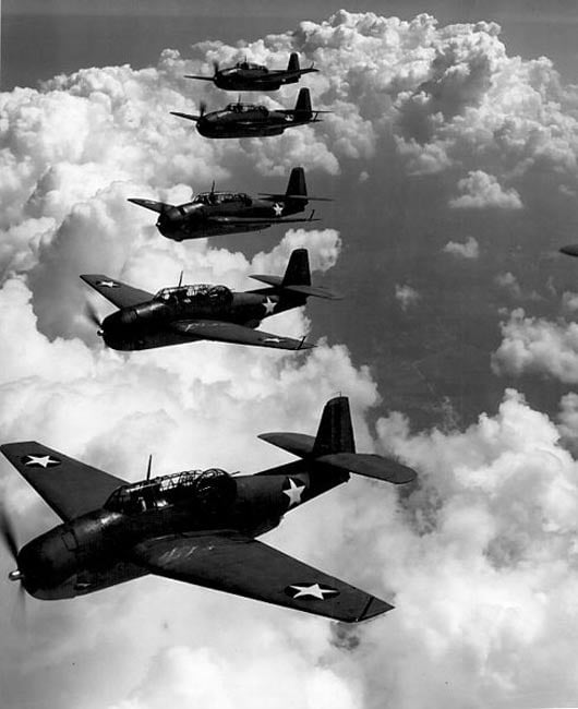 TBF (Avengers) flying in formation over Norfolk, Va., September 1942.