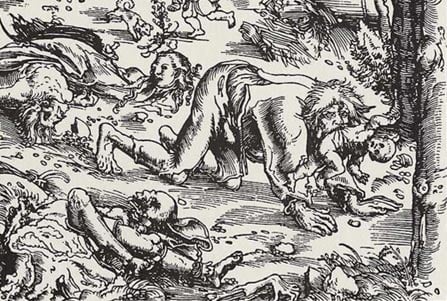 Woodcut of a werewolf attack