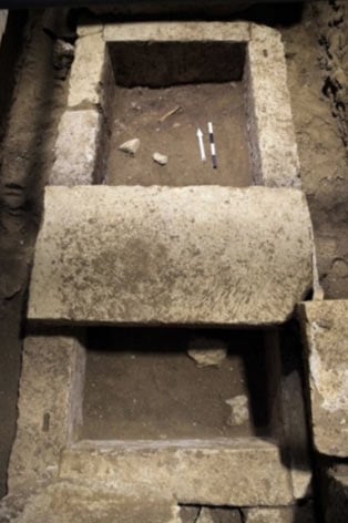 The limestone sarcophagus found in a secret vault beneath the third chamber - Amphipolis tomb