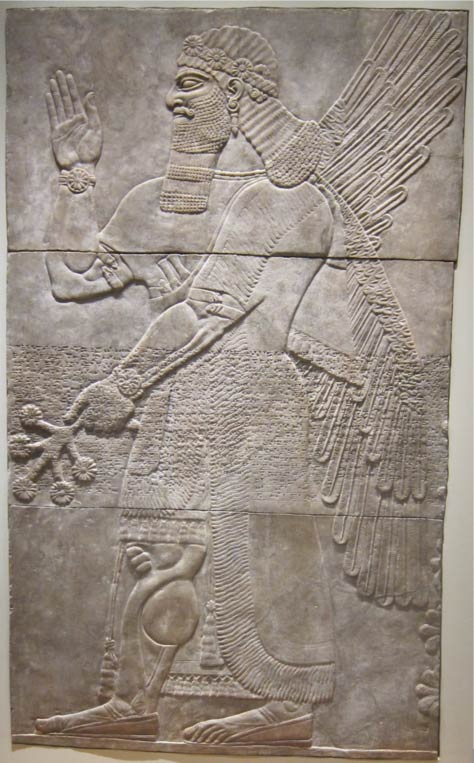Una figura en un relieve asirio antiguo convoca un espíritu protector.  Tal vez los soldados que se cree están afectados por los fantasmas de gente que mataron en la batalla convocados tales espíritus.