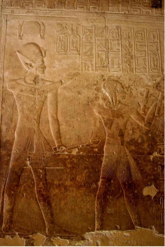 A bas-relief carving of Seti I and Ramses II at Abydos. A collection of reliefs of these two men was found during the recent digs around Tharu. 