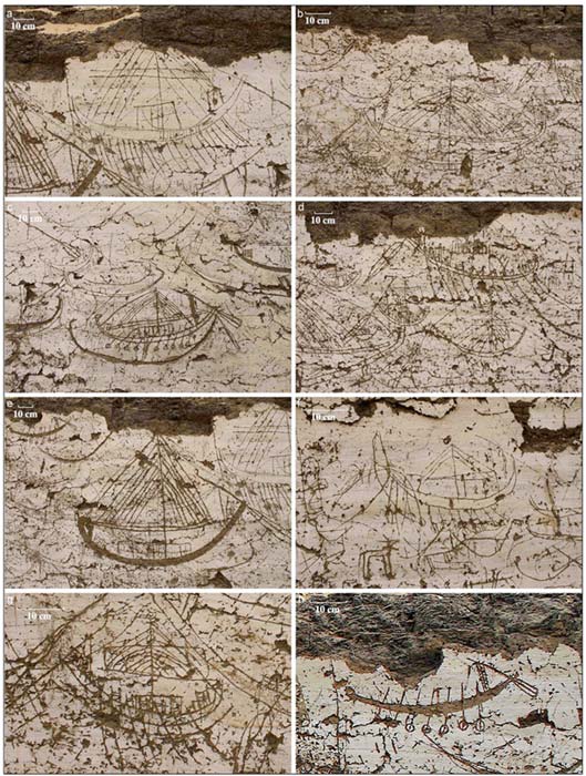 Examples of boat images incised on the better-preserved north side of the building.