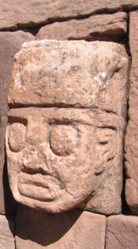 Closeup of carved stone tenon-head embedded in wall of Tiwanaku’s Semi-subterranean Temple. 