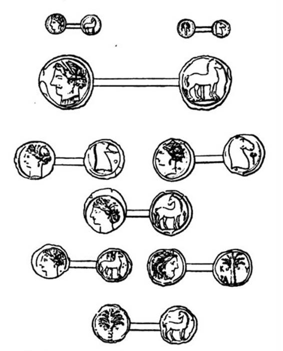 A depiction of the coins purportedly left by Carthaginians on the Azores island, Corzo, that accompanied Johan Podolyn’s 1778 article in the Publications of the Royal Society of Sciences and Letters in Gothenburg.