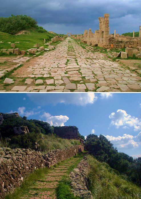 Two examples of ancient Roman roads: one at Leptis Magna, Libya (top) (CC BY-SA 3.0) and another at Santa Àgueda, Minorca (Spain) (bottom). (Public Domain)