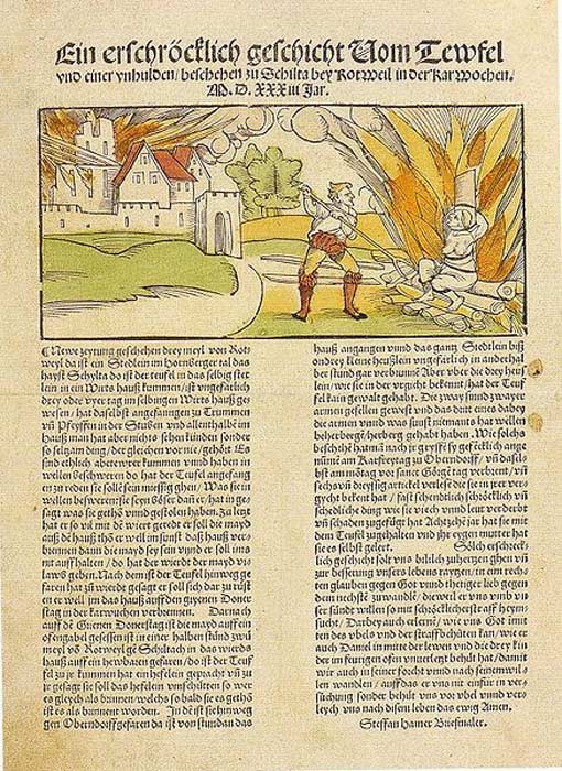 1533 account of the execution of a witch who was charged with burning the German town of Schiltach in 1531.