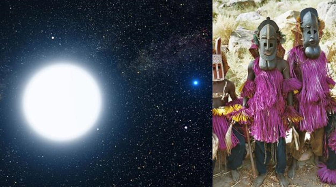 An artist's impression showing how the binary star system of Sirius A and its diminutive blue companion, Sirius B, might appear to an interstellar visitor. Dogon people, Mali.