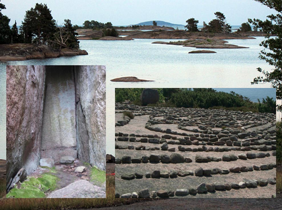 Principal: La isla de Blå Jungfrun (Flickr).  Recuadro: laberinto de piedra (CC BY 3.0) y chimenea de piedra Edad